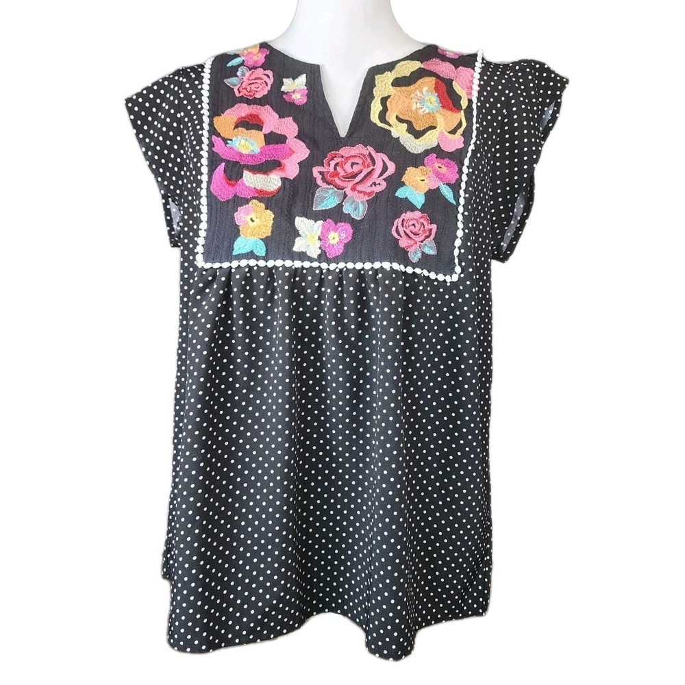 Savanna Jane Top Blouse Womens Medium Black Polka‎ Dot Floral Embroidered Boho